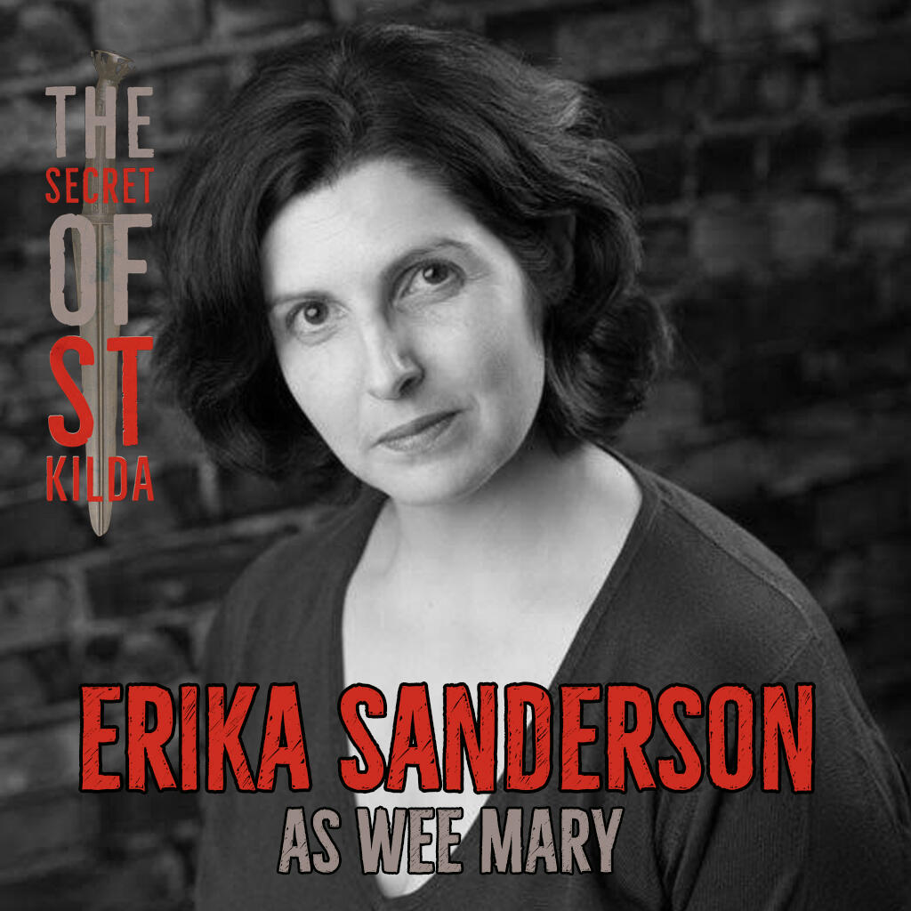 Erika Sanderson as Wee Mary. Smiling black and white headshot of white woman with shoulder-length wavy brown hair