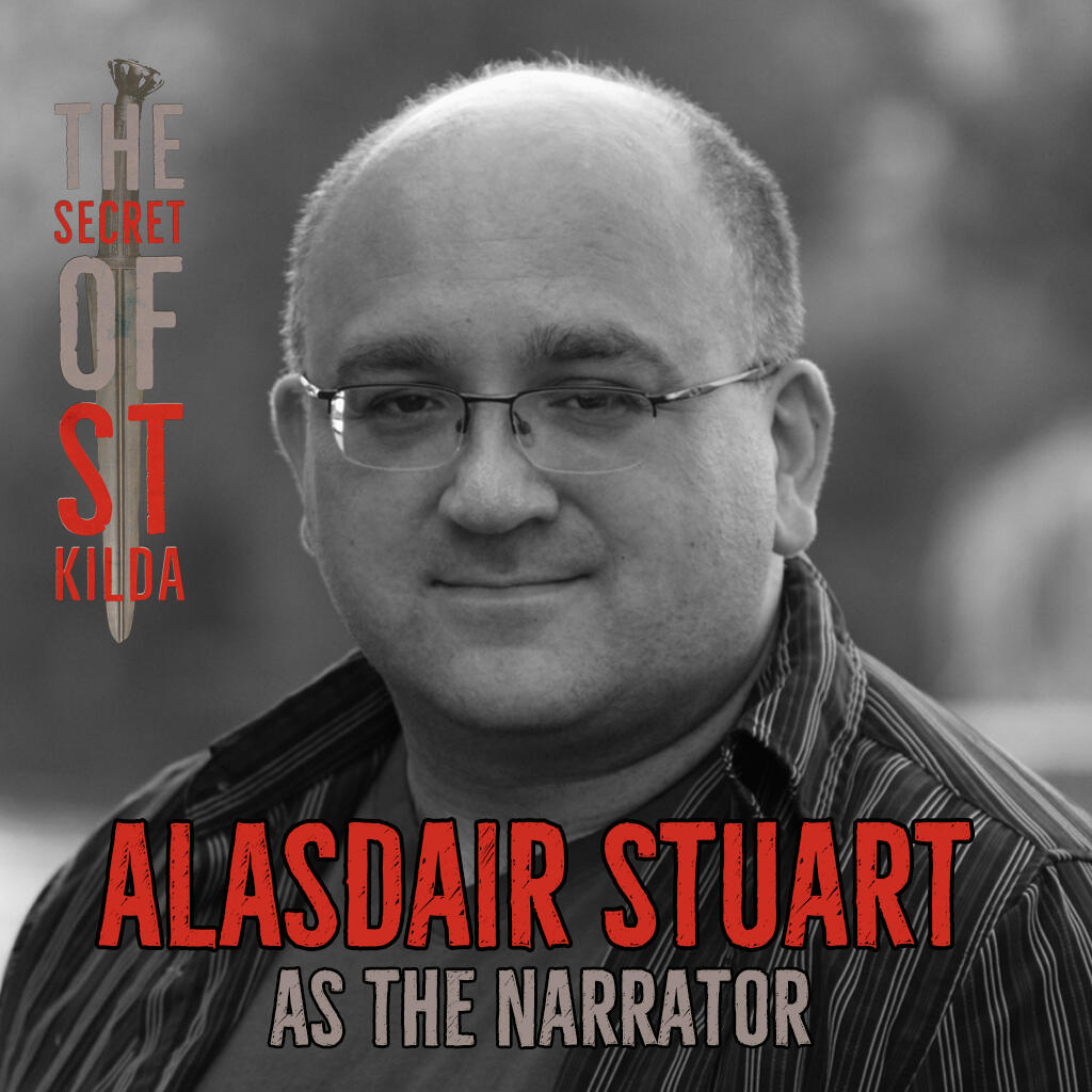 Alasdair Stuart as The Narrator. Smiling black and white headshot of white man with shaved head wearing glasses