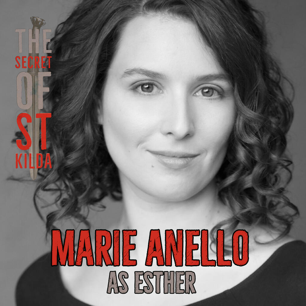 Marie Anello as Esther. Smiling black and white headshot of white woman with shoulder-length curly brown hair