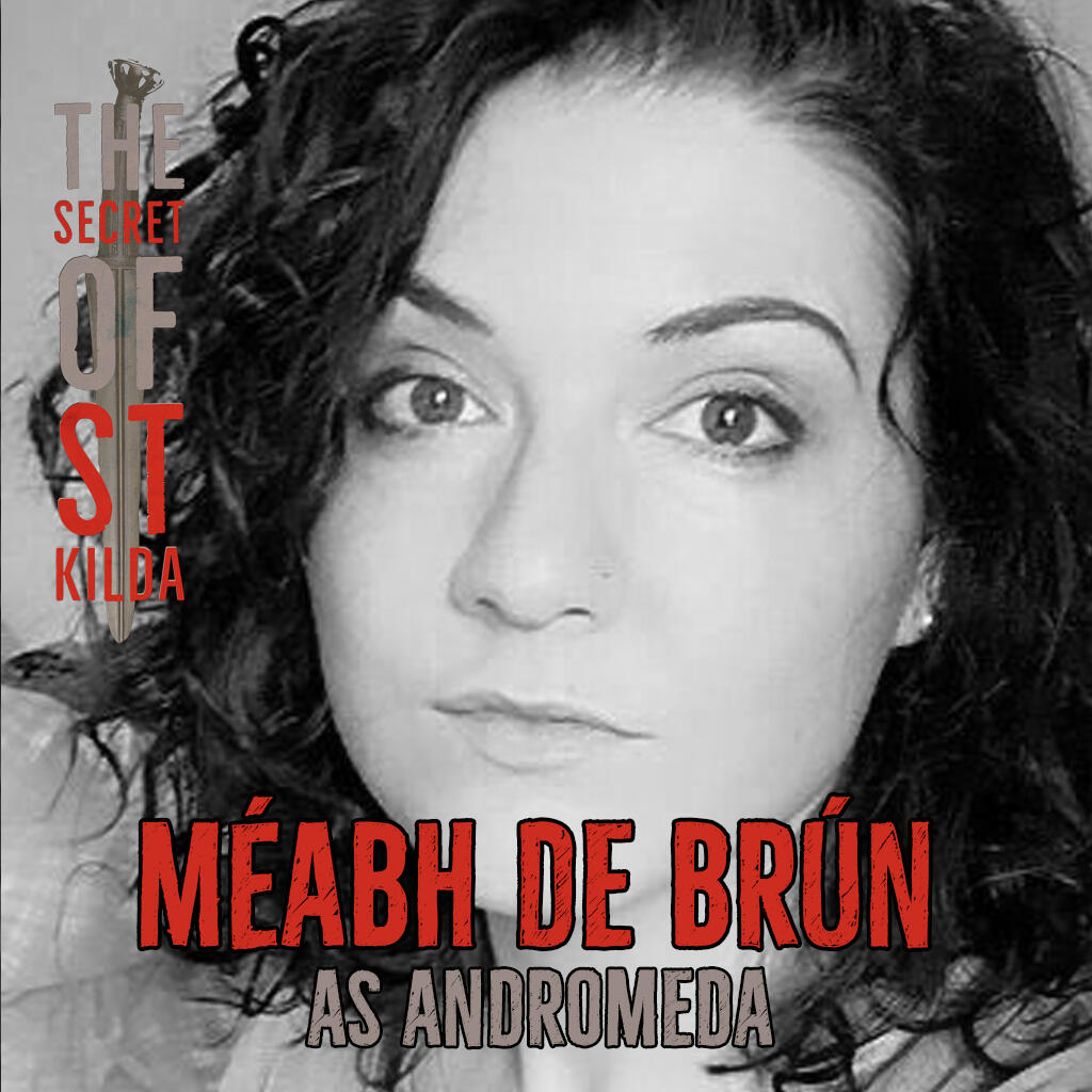 Méabh de Brún as Andromeda. Serious black and white headshot of pale white woman with curly dark hair