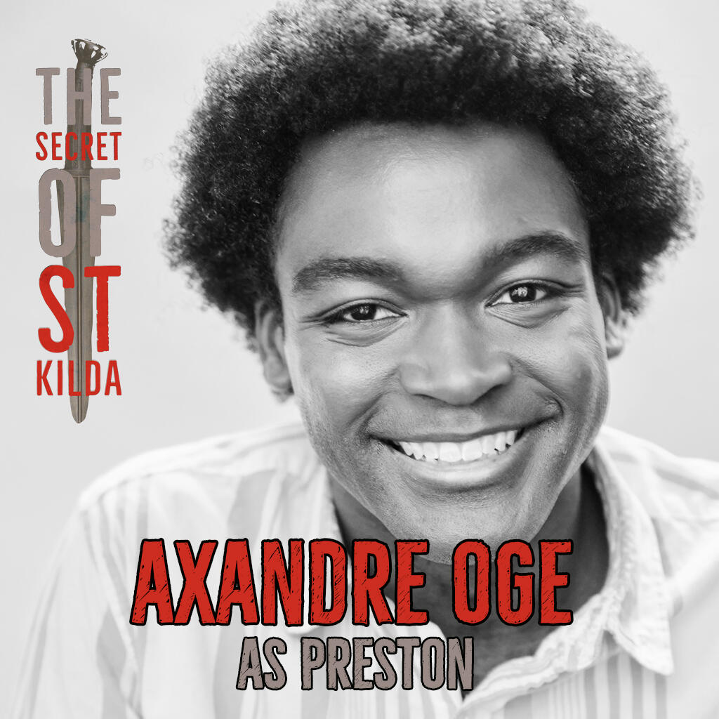 Axandre Oge as Preston. Smiling black and white headshot of black man with short afro-textured black hair