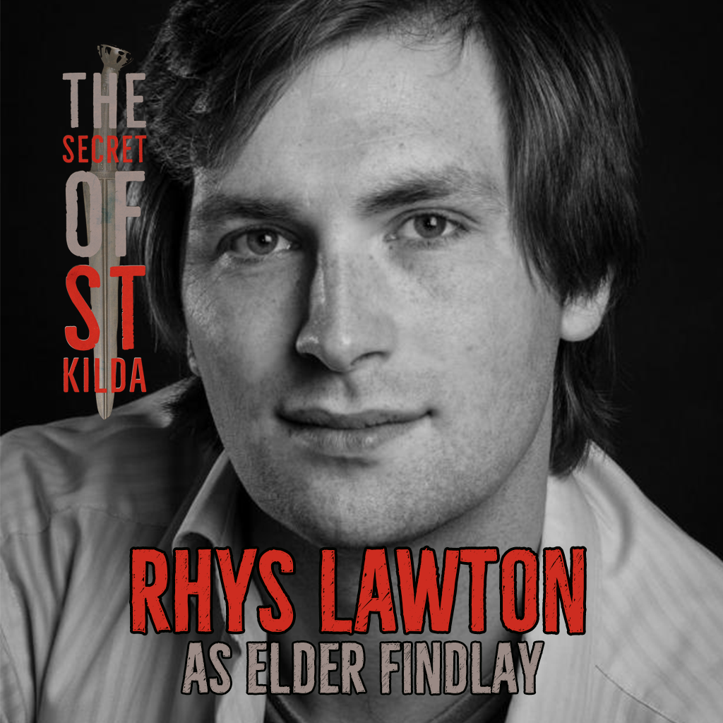 Rhys Lawton as Elder Findlay. Smiling black and white headshot of man with short dark hair wearing a white shirt.