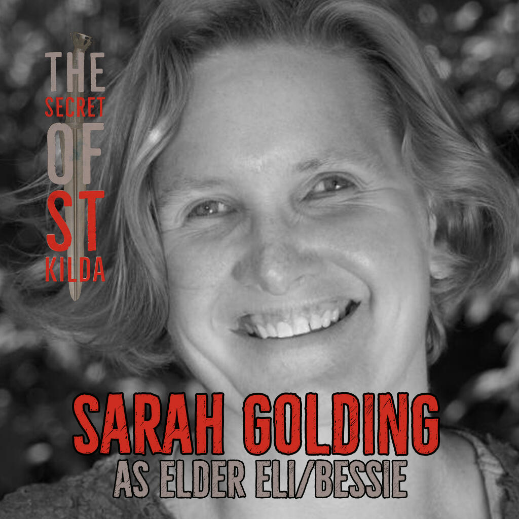 Sarah Golding as Elder Eli/Bessie. Smiling black and white headshot of a white woman with short blonde hair