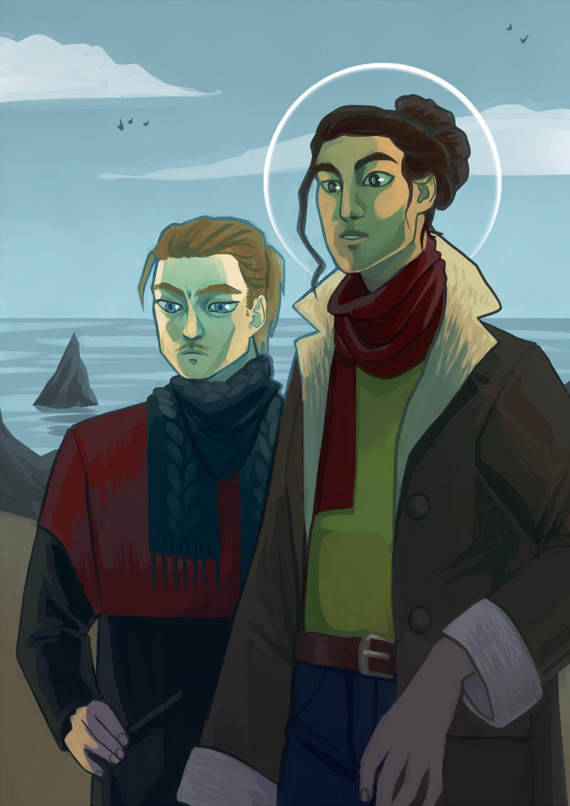 Digital painting of a man and a woman in warm clothes standing by the coast
