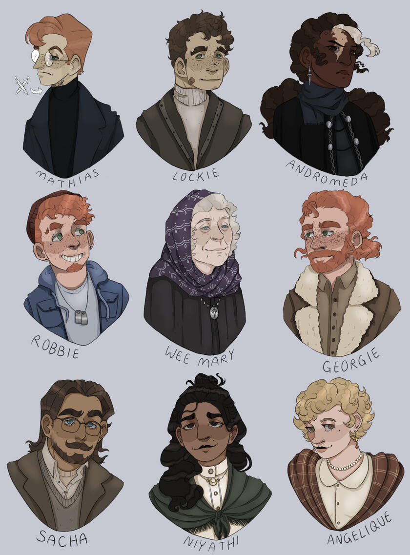 Collection of digital head and shoulder portraits of the nine main characters. All very fashionable!