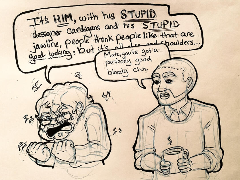 Digital ink drawing of Mathias ranting to Georgie about Lockie. Mathias is shaking with rage while Georgie reassures him calmly