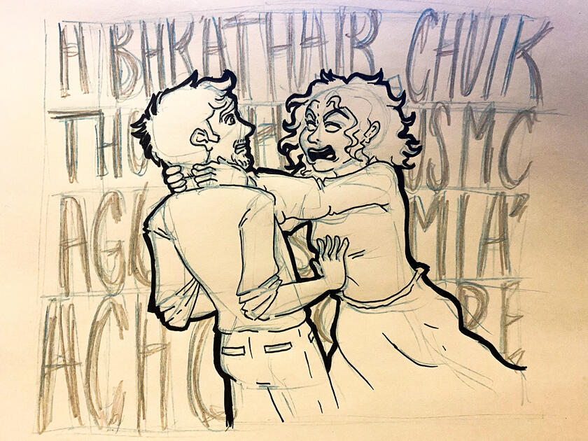 Digital ink drawing of Andromeda strangling Lockie. The background shows her gaelic shouting in messy pencil style.