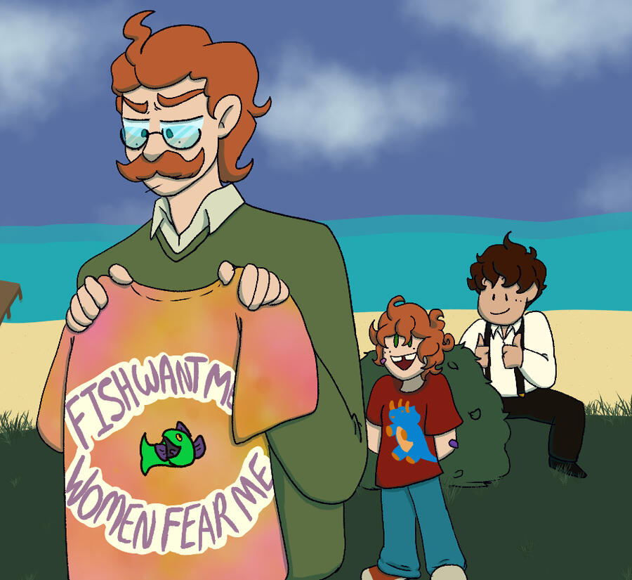 Colorful digital drawing of Mathias holding a t-shirt "Fish want me women fear me" while Hari and Lockie smile in the background