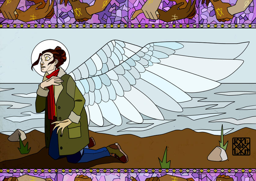Stained glass-style digital art of Andromeda on her knees with large white angel wings sprouting from her back