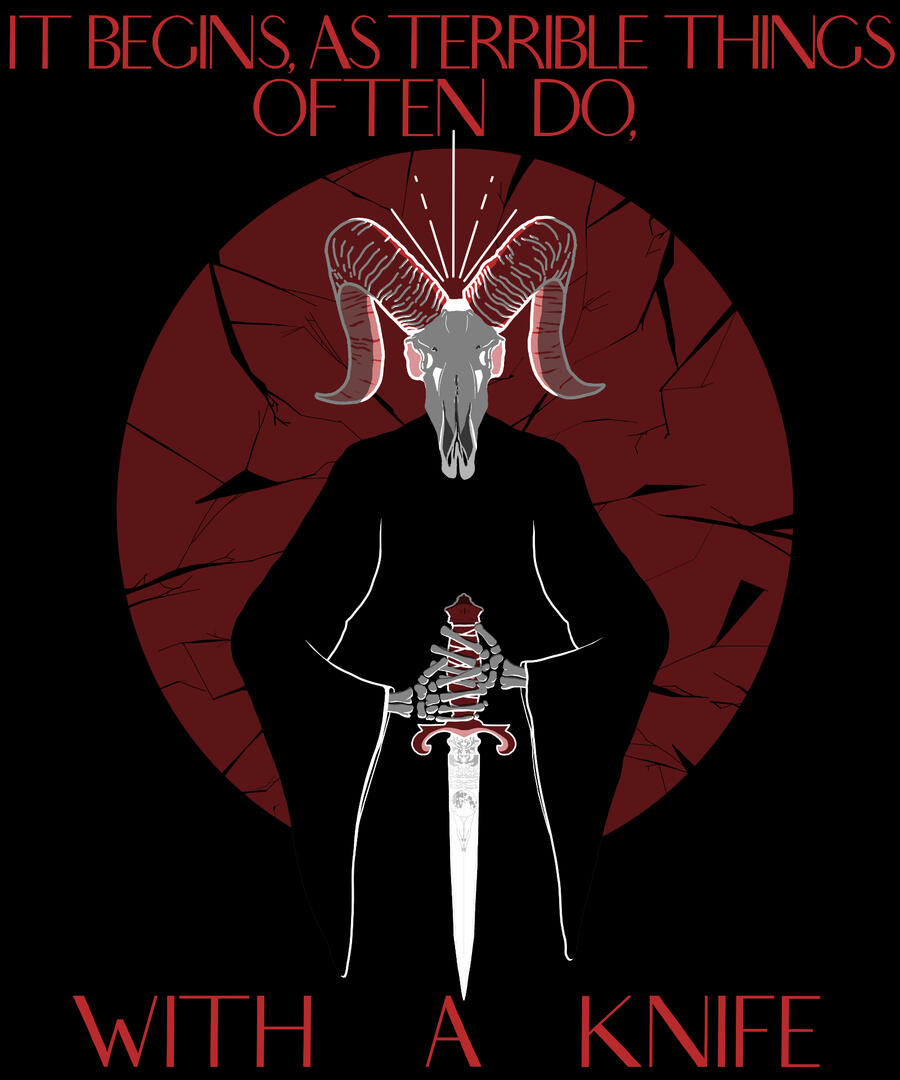 A robed figure with goat skull head holds an ornate dagger. Red text reads it begins, as terrible things often do, with a knife