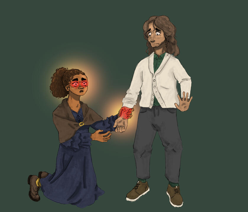 Andromeda kneeling next to Lockie and gripping his wrist. The wrist and her eyes glow red, Lockie looks concerned. Digital art.