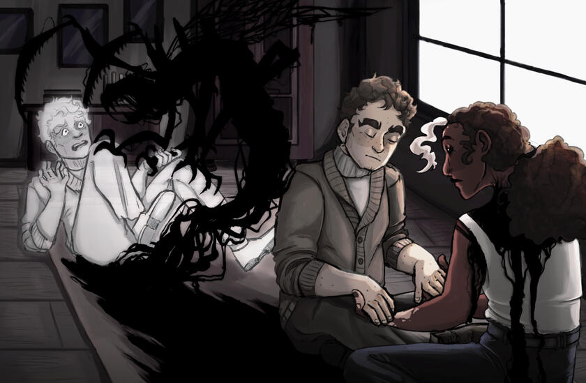 Andromeda and Lockie seated with eyes closed holding hands. A spectral Lockie is attacked by a black, insect-like creature