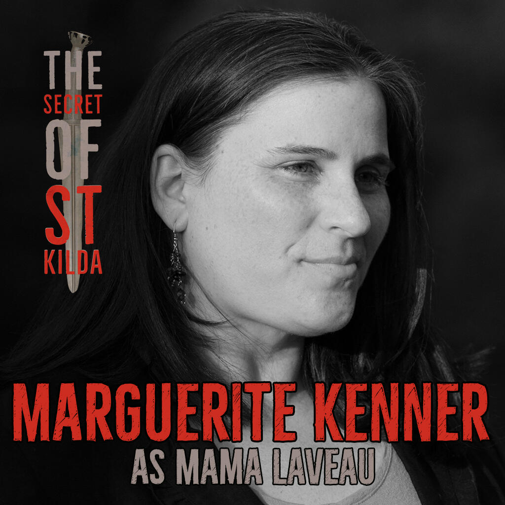 Marguerite Kenner as Mama Laveau. Black and white headshot of a white woman with long brown hair looking off to one side.