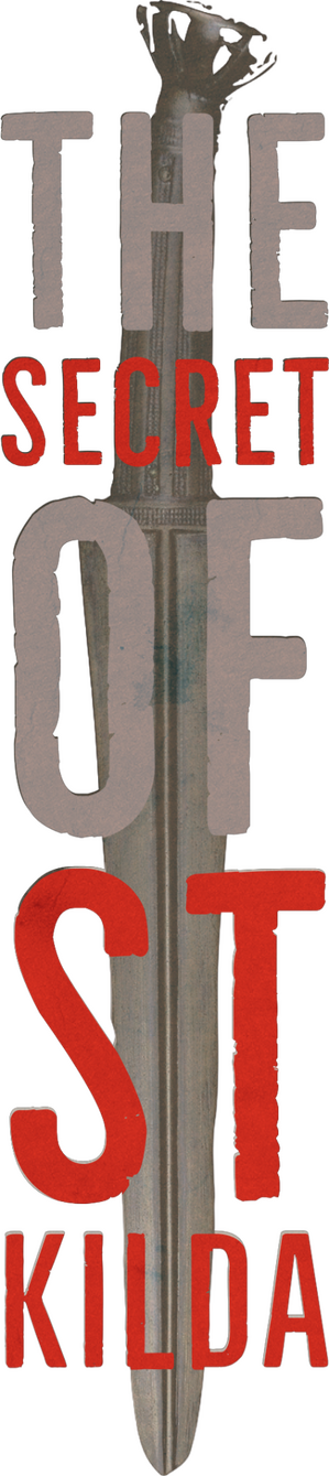 Semi-transparent logo of a Scottish dagger with THE SECRET OF ST KILDA in grey and red text over it