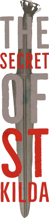 Semi-transparent logo of a Scottish dagger with THE SECRET OF ST KILDA in grey and red text over it