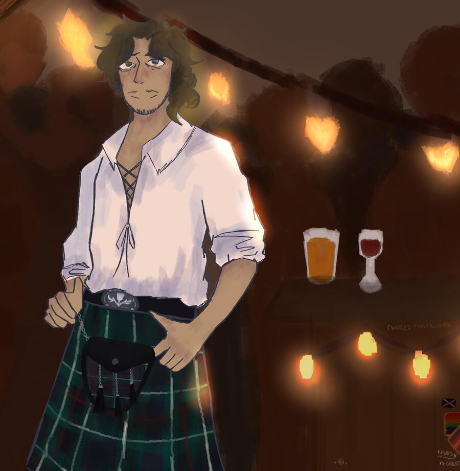 Digital drawing of Lockie in a green kilt, with a pint of beer and wine glass on a table next to him